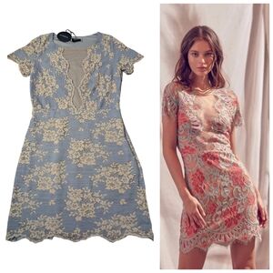 New Storia Blue and Cream Lace-Overlay Mini Dress Size Large